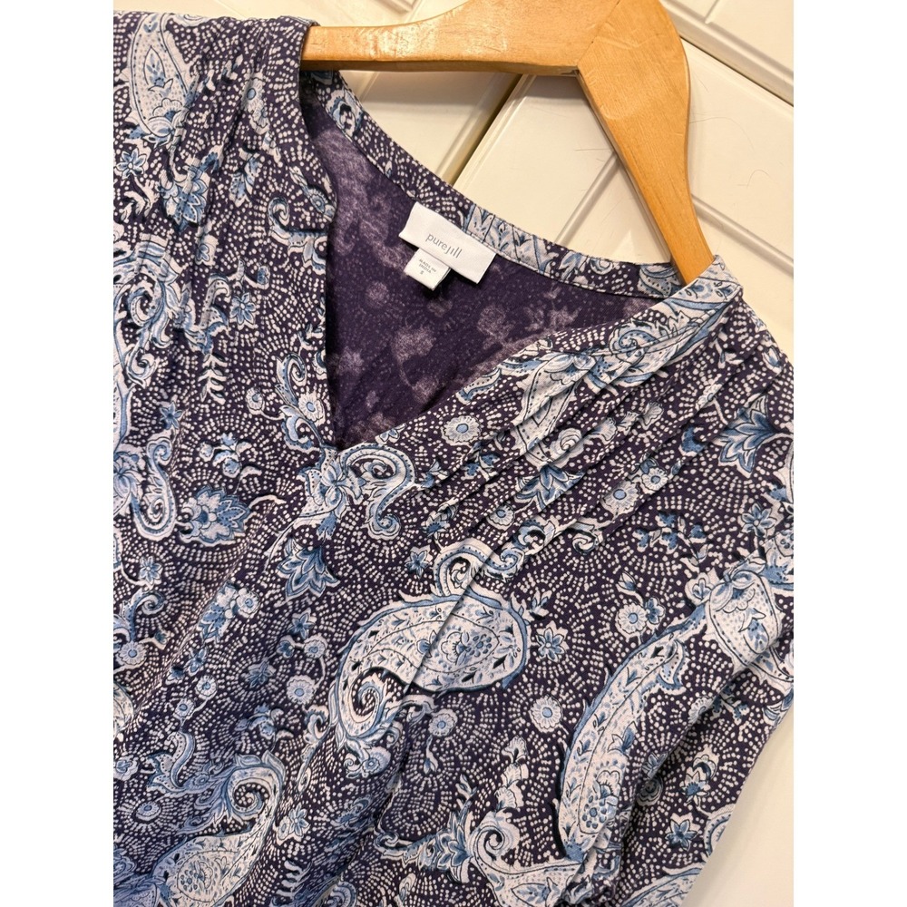 Pure Jill J. Jill Purple Blue Paisley Cotton V-Neck‎ Pleated Tunic Blouse Small
